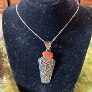 Vintage Native American Sterling Silver & Coral Butterfly Pendant